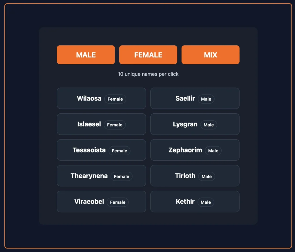 random wizard name generator example showing male female and mix wizard names