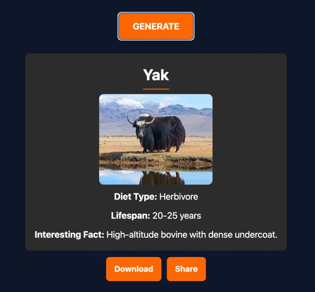 Random Animal Name 3 random animal generator tool showing generated animal with image lifespan and diet