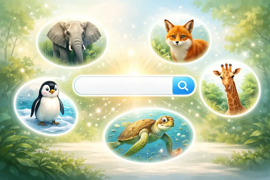 Random Animal Name 2 illustration showing animals around search bar representing a random animal generator