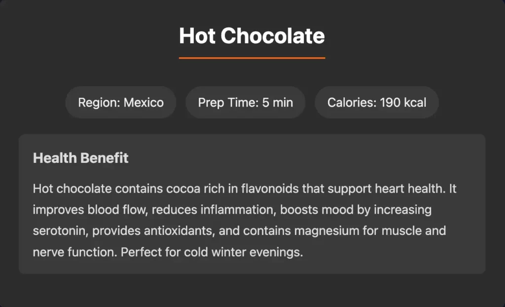 random drink generator output showing drink name calories health benefits and beverage information example