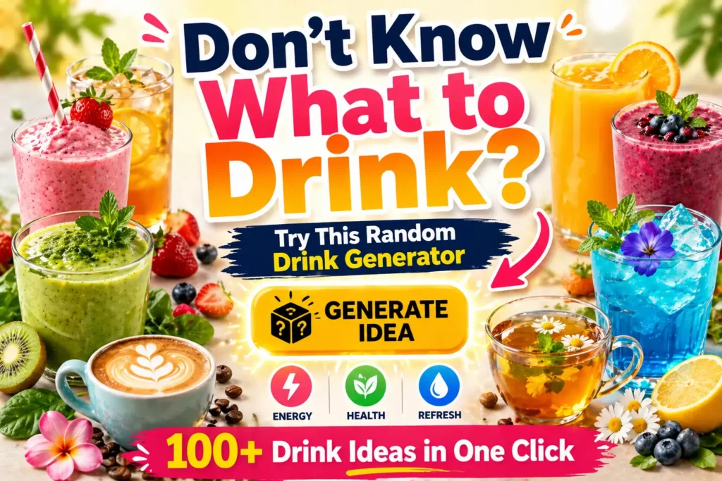 random drink ideas generator showing smoothies juices tea coffee and healthy beverage inspiration