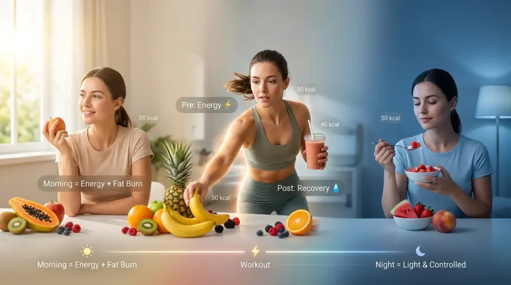 when to eat low calorie fruits for weight loss showing morning energy workout fuel and night light eating benefits