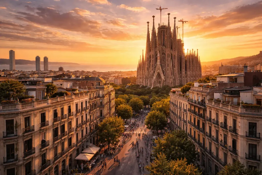 barcelona sagrada familia sunset city view spain famous travel destination europe