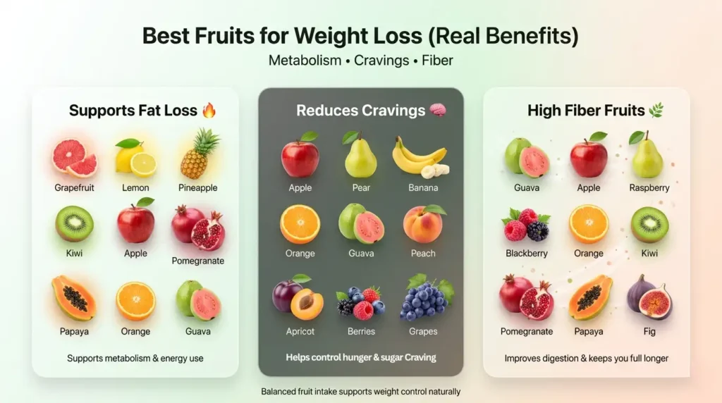 best fruits for weight loss infographic showing metabolism support, craving control and high fiber fruits list