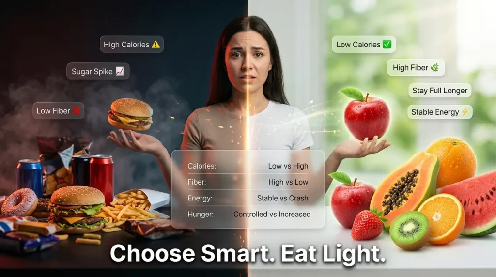 low calorie fruits vs high calorie foods comparison showing fiber benefits stable energy and reduced hunger for weight loss