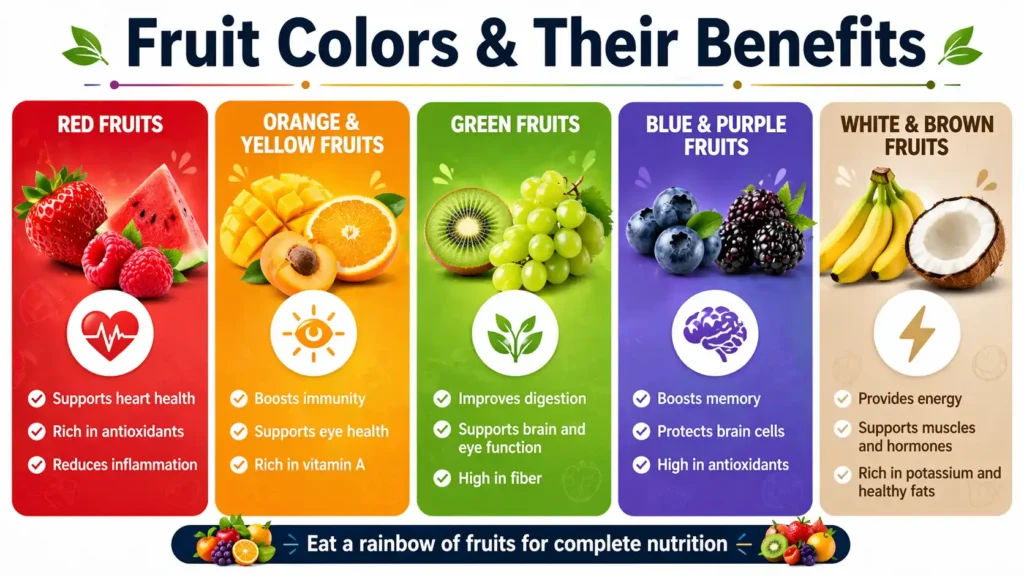 fruit colors and their health benefits red yellow green purple fruits nutrition chart