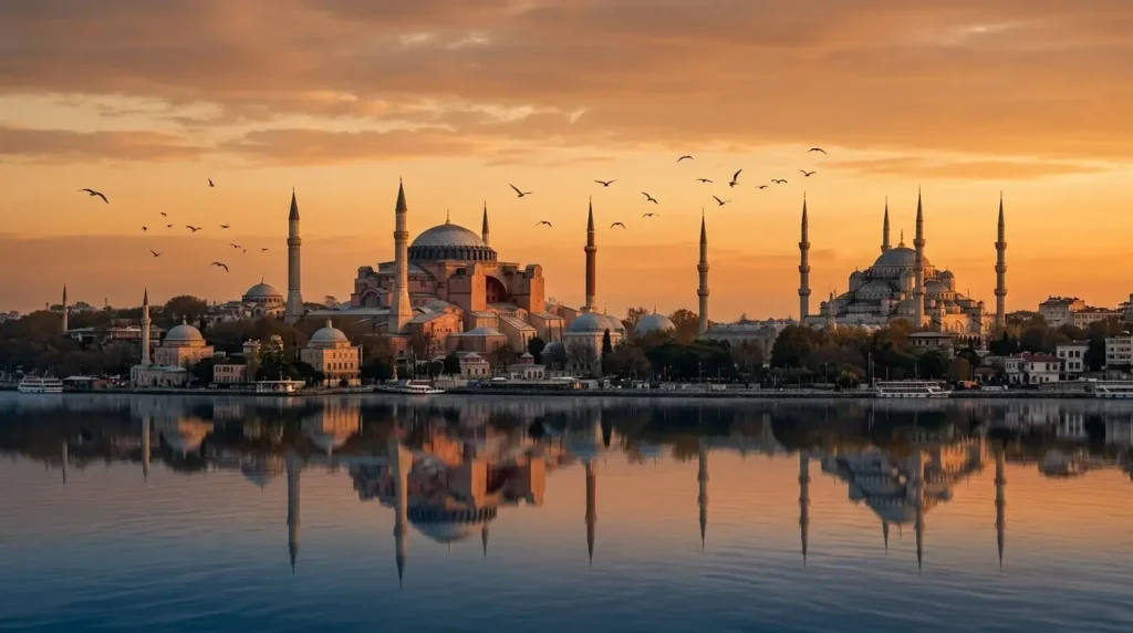 istanbul skyline hagia sophia blue mosque sunset reflection turkey travel destination