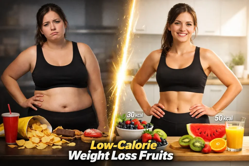 Low calorie fruits for weight loss showing healthy fruit options compared to junk food for fat loss and better nutrition