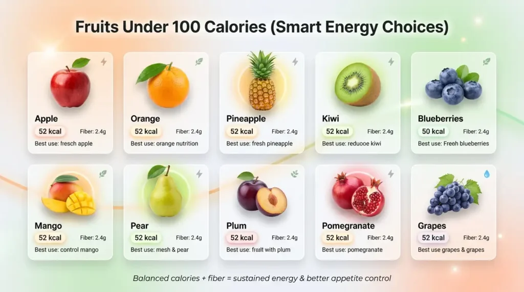 low calorie fruits list under 100 calories including apple orange kiwi blueberries and grapes for weight loss