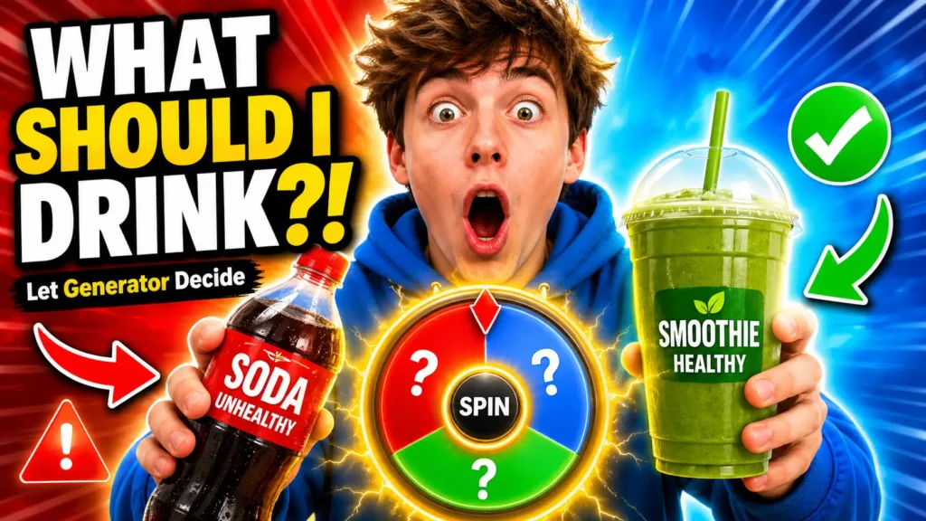 random drink generator showing soda vs healthy smoothie choice with drink ideas and beverage generator tool
