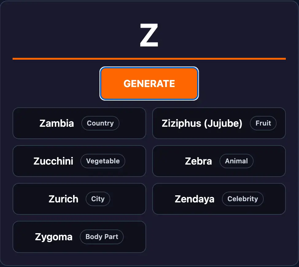 The interface of the alphabet randomizer displaying the letter Z along with seven auto-filled category words for Name Place Animal Thing.