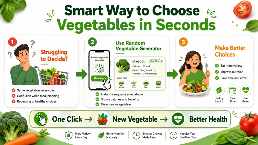 random vegetable generator infographic showing how to choose vegetables easily with benefits and calories