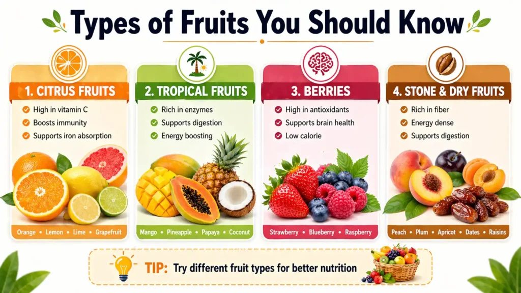 types of fruits citrus tropical berries stone dry fruits chart with examples