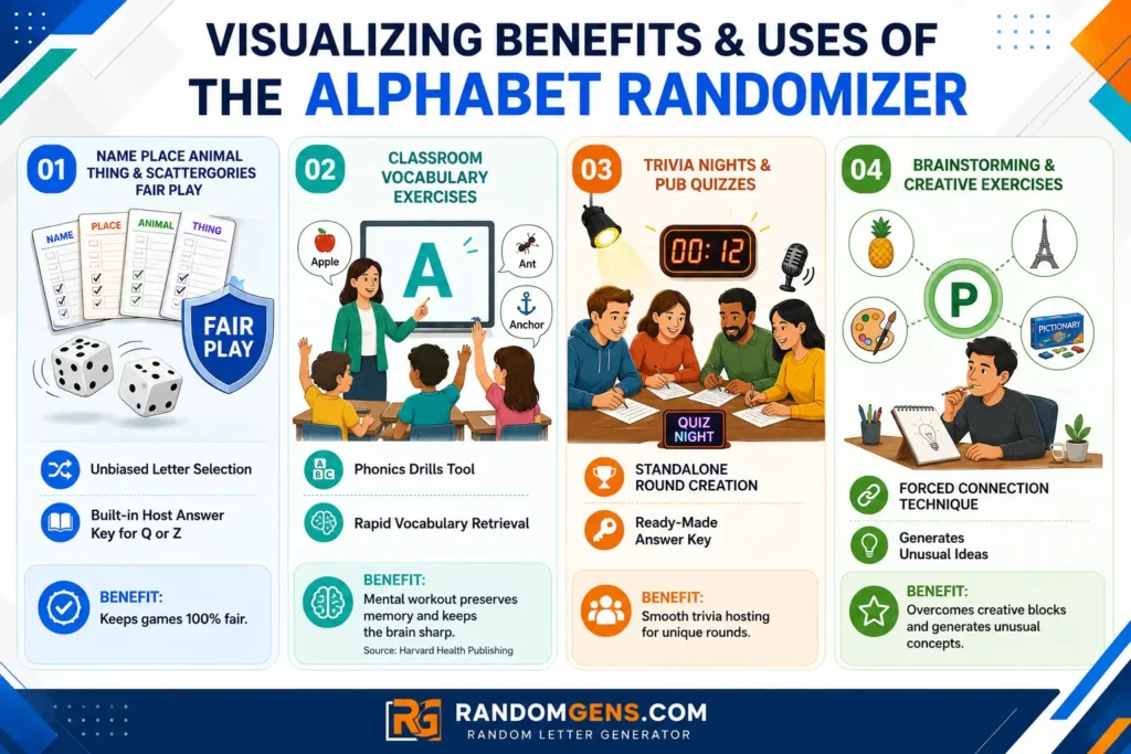 An educational infographic showing how to use an alphabet randomizer for vocabulary drills, creative brainstorming, and as a Scattergories letter