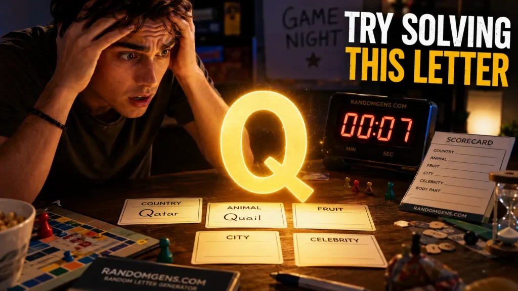 A player feeling the pressure of a timed word game after a random letter generator selects the difficult letter Q.