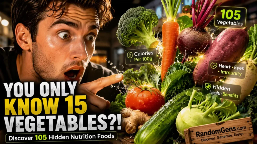 Random Vegetable Generator 1 A surprised man looking at fresh produce, illustrating how a random vegetable generator helps you discover 105 hidden nutrition foods and their exact calorie data to break out of boring meal routines.