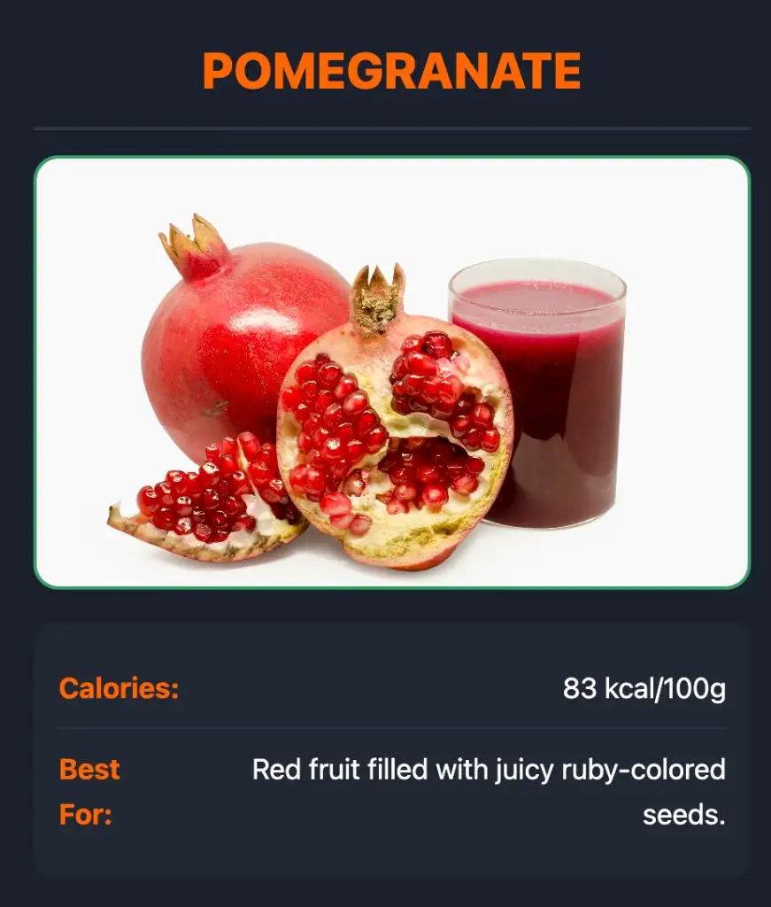 Random Fruit Generator 3 Example result from the random fruit name generator showing a pomegranate with its 83 kcal calorie count and a specific health benefit.