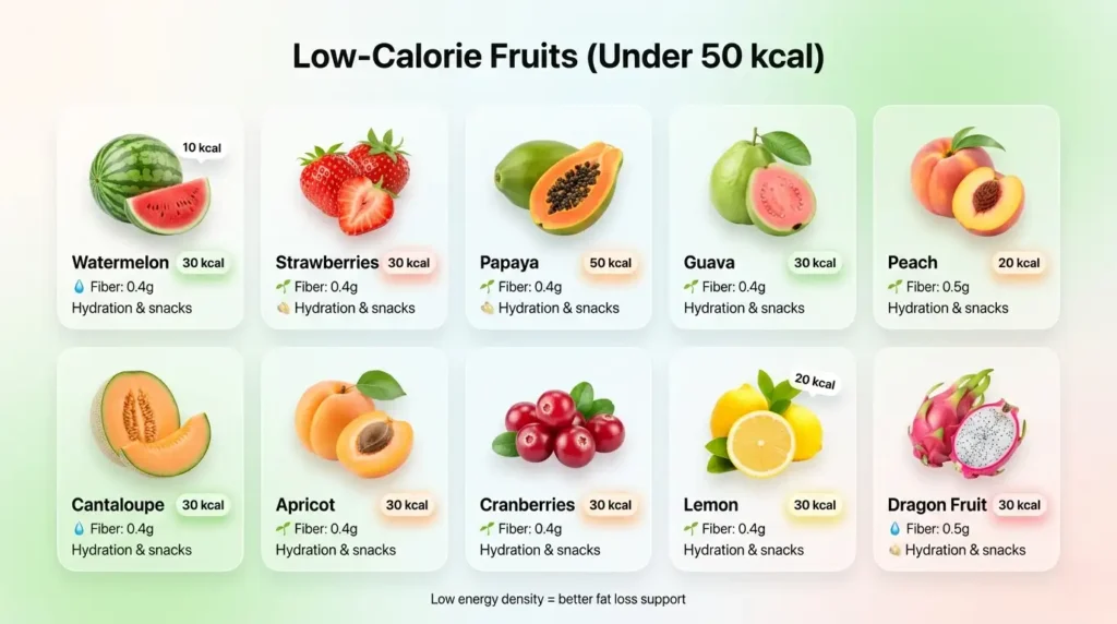 Random Fruit Generator 2 A visual chart of low-calorie fruits under 50 kcal, including watermelon, strawberries, and papaya, surfaced by the random fruit picker.