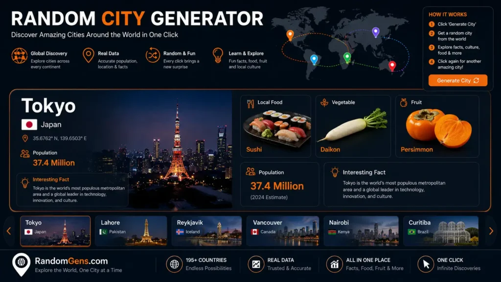Random City Name 3 An infographic displaying random city names like Paris, Cape Town, and Bangkok, generated by the world city randomizer, showing local foods, native fruits, and populations.