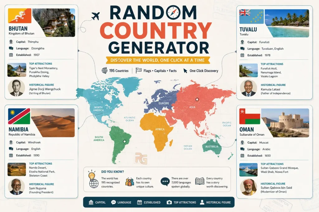 Random Country Name 4 Infographic showing the exact data provided by the random country generator, including flags, capitals, established dates, and historical figures for countries like Bhutan and Namibia.