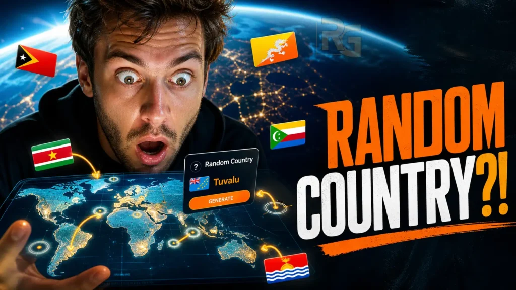 Random Country Name 1 A user generating a random country on a glowing world map using the random country generator tool.