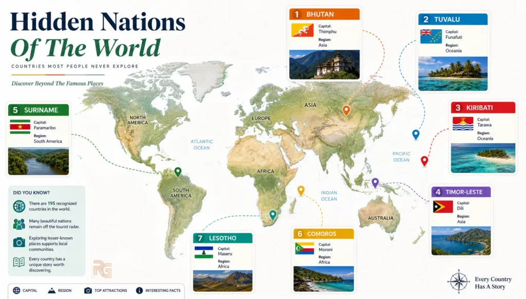 Random Country Name 2 A world map highlighting hidden nations like Suriname, Comoros, and Kiribati that users can discover using a random country picker.