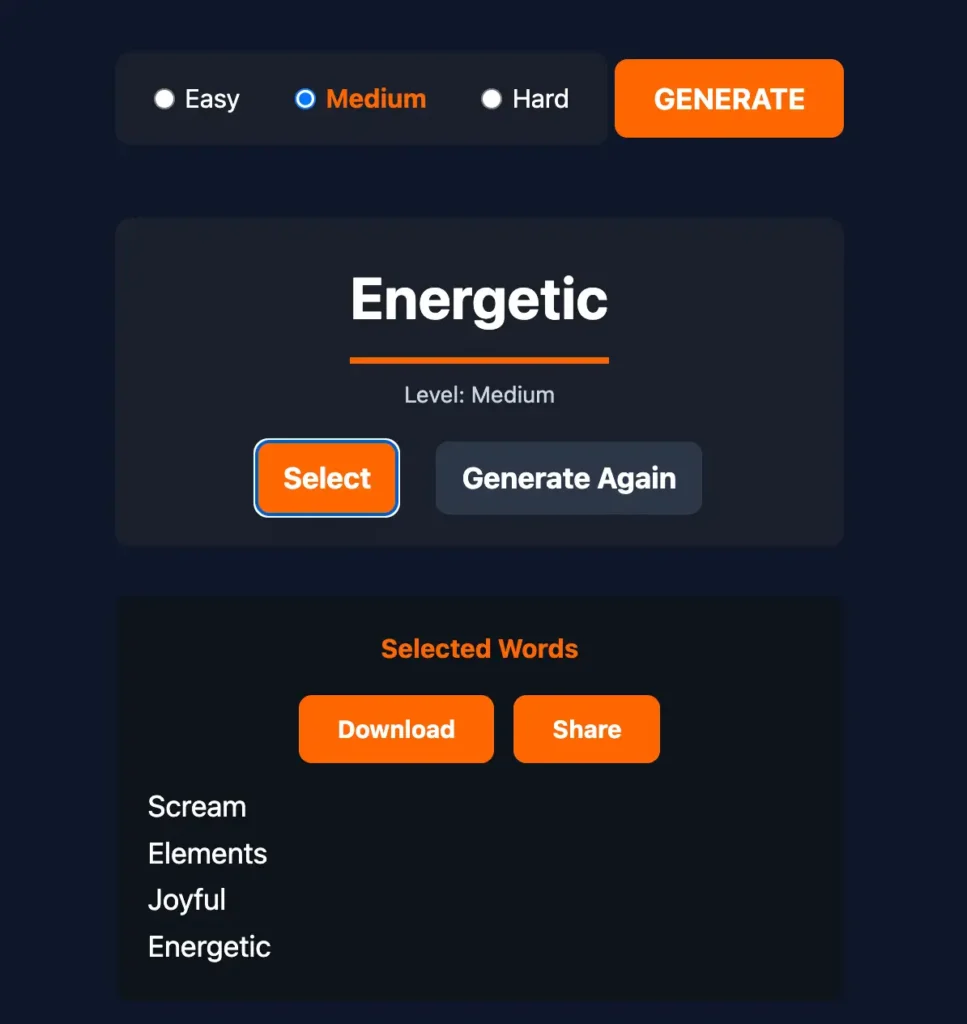 The Random Word Generator interface showing difficulty levels, generated random English words, and a saved list for easy downloading.
