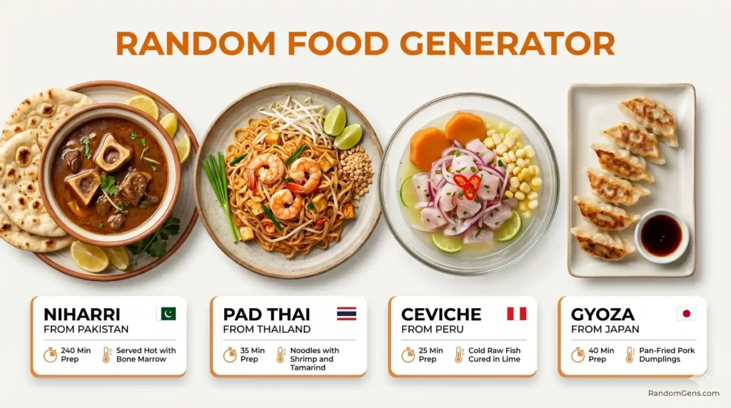 Random Food Generator 3 An infographic from the random food generator comparing Nihari, Pad Thai, Ceviche, and Gyoza, helping users with meal planning and accommodating dietary restrictions.