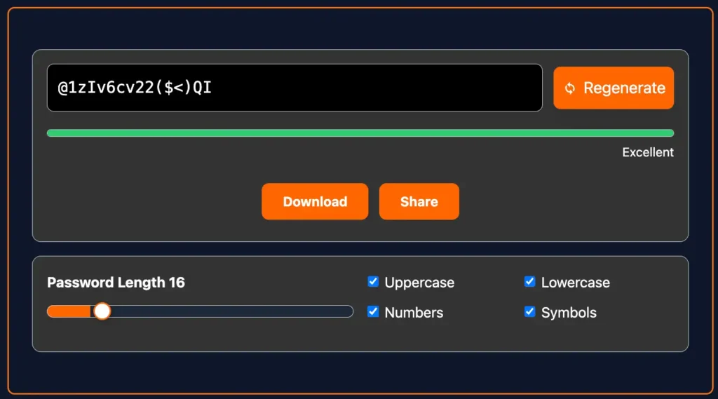 Random Password Generator 2 A highly secure 16 character password created by the random password generator, displaying an excellent strength rating with all character types enabled.