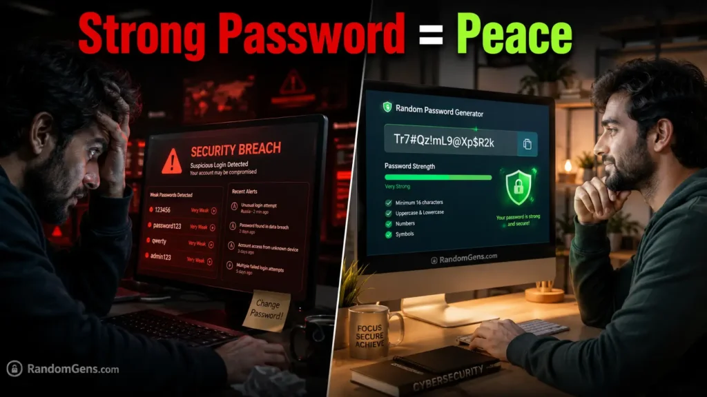 Random Password Generator 1 A split screen showing the stress of a security breach versus the peace of mind you get when using a Random Password Generator to create a highly secure and uncrackable password.