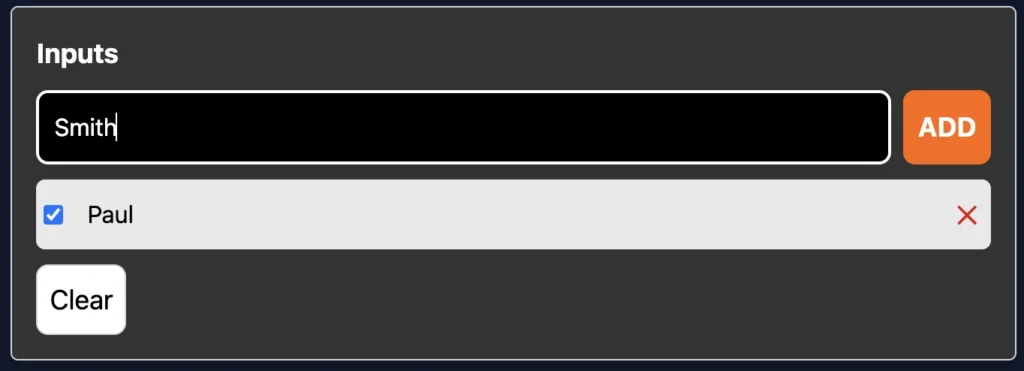 A user interface showing the input field of the random team generator where participant names like 'Smith' and 'Michael' are being added to a list.
