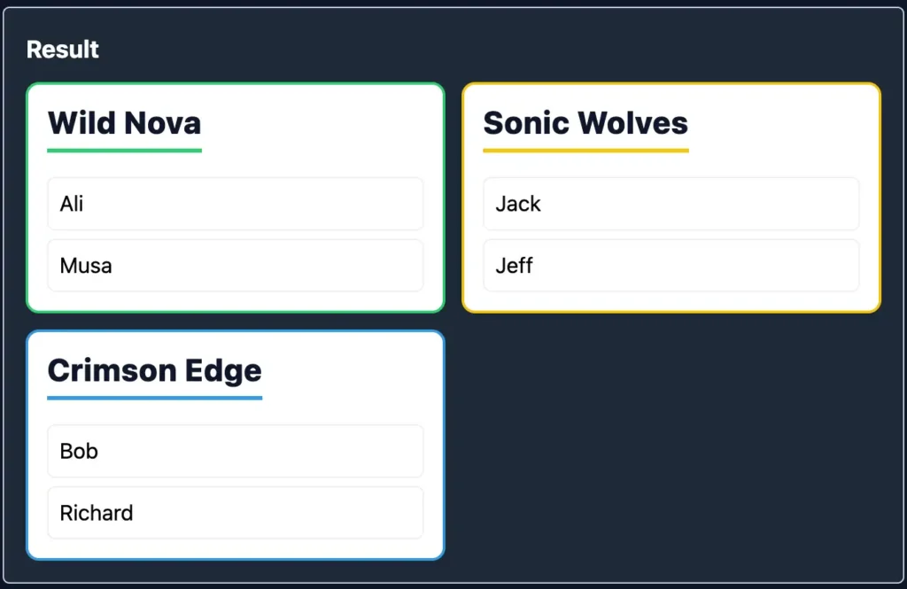 The result screen of the random team name generator showing participants evenly split into squads with creative names like Thunder Wolves and Neon Hawks.