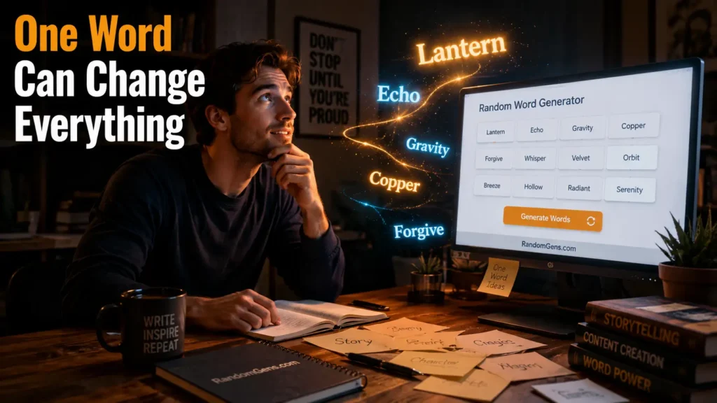 A writer finding instant inspiration using a random word generator for writers to overcome creative blocks with floating words.