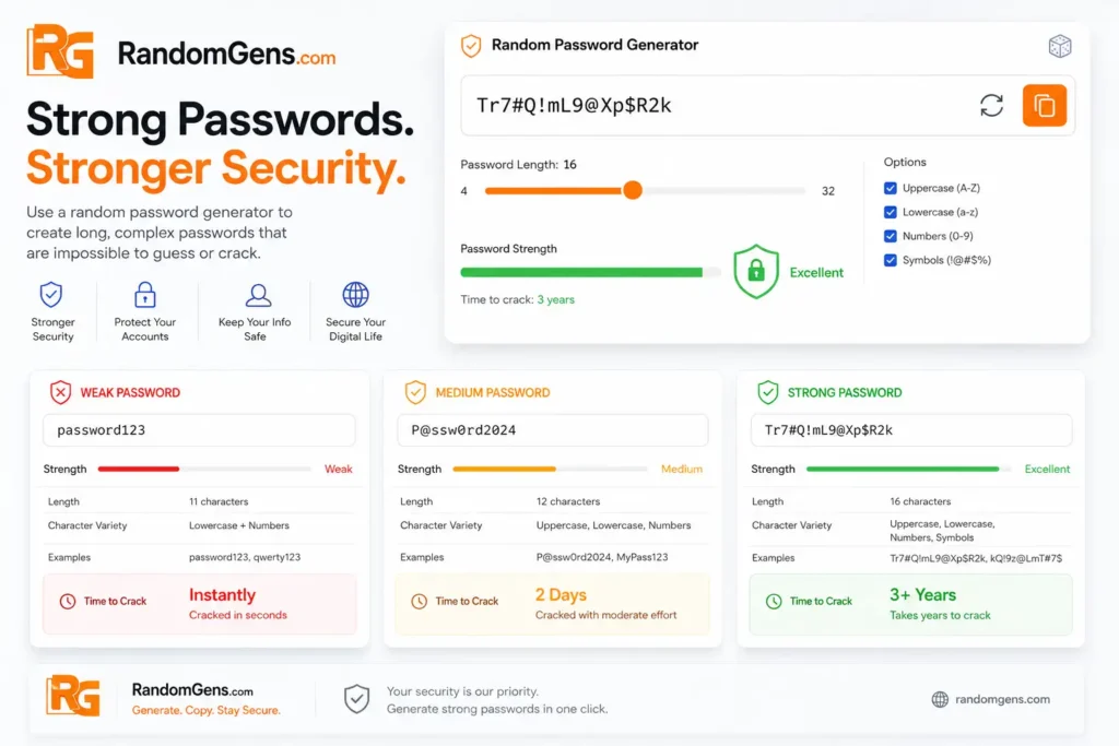Random Password Generator 3 An infographic guide showing how to stronge password generate and secure password generate, comparing weak passwords that crack instantly to excellent 16-character combinations.