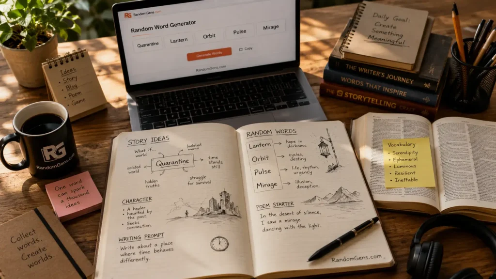 An open notebook showing how a vocabulary generator helps brainstorm story ideas and poem starters using saved random words like quarantine and lantern.