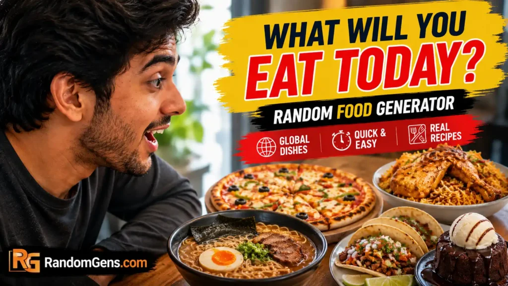 Random Food Generator 1 A hungry man excitedly looking at global dishes, using a random food generator to decide what to cook for dinner and simplify meal planning.