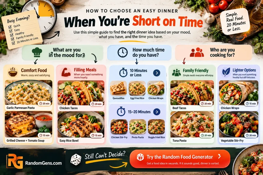 What Should I Have for Dinner Tonight? 15 Quick 20-Minute Meal Ideas 2 Visual chart showing how to choose an easy dinner when short on time with 20-minute meal ideas and random food generator