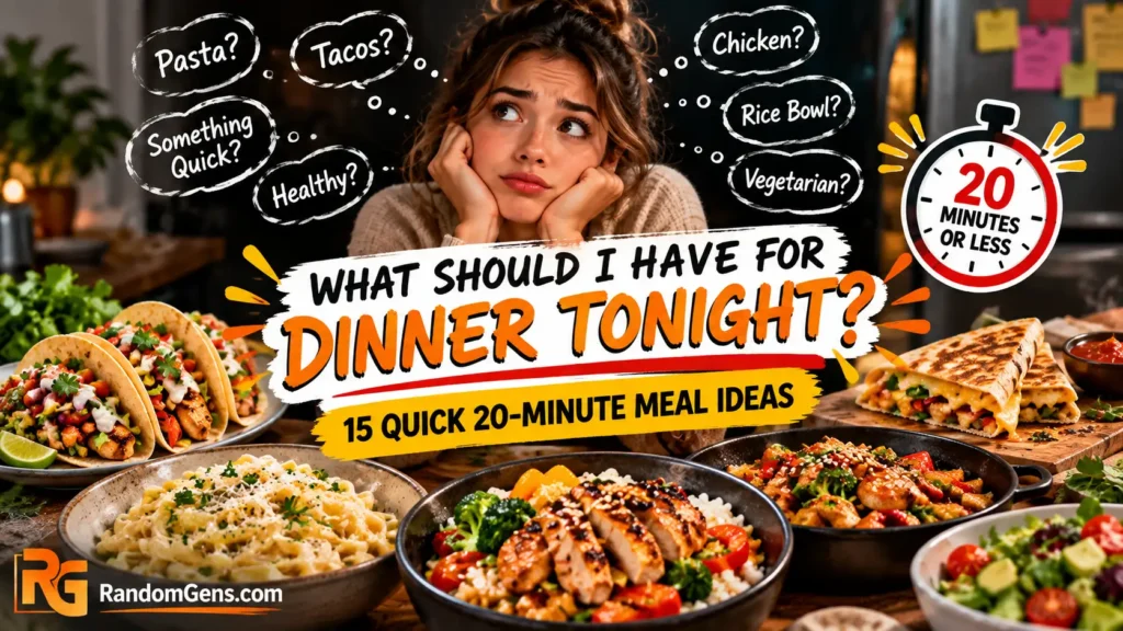 What should I have for dinner tonight guide showing quick 20-minute dinner ideas with pasta, tacos, and rice bowls