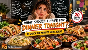 What should I have for dinner tonight guide showing quick 20-minute dinner ideas with pasta, tacos, and rice bowls