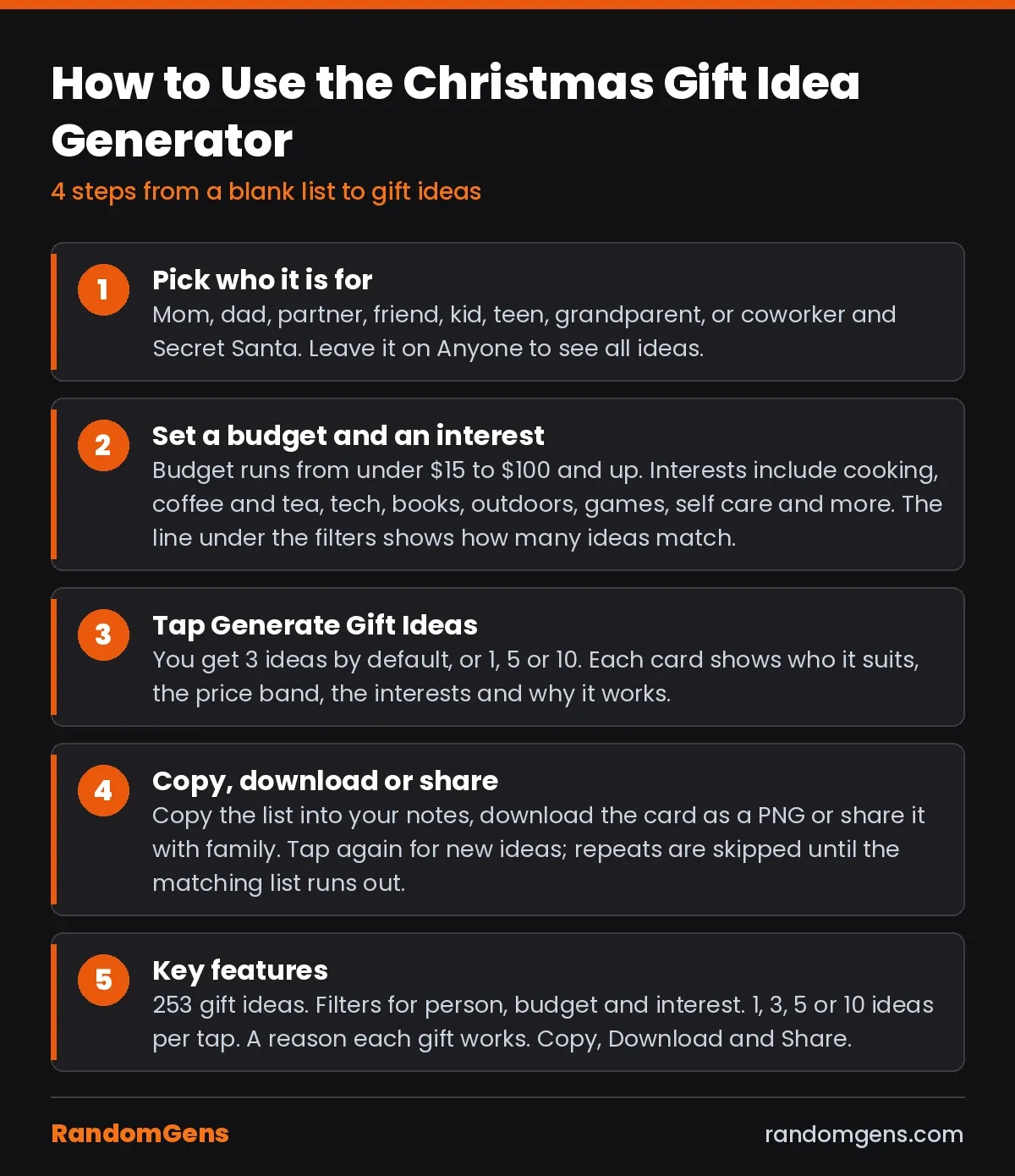 Christmas Gift Idea Generator infographic Christmas gift idea generator infographic with 4 steps to use it and its key features