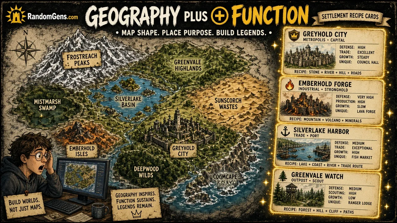 How to Name Fantasy Cities: 5 Easy Proven Recipes 2 How to name fantasy cities: map recipe cards showing geography plus settlement function