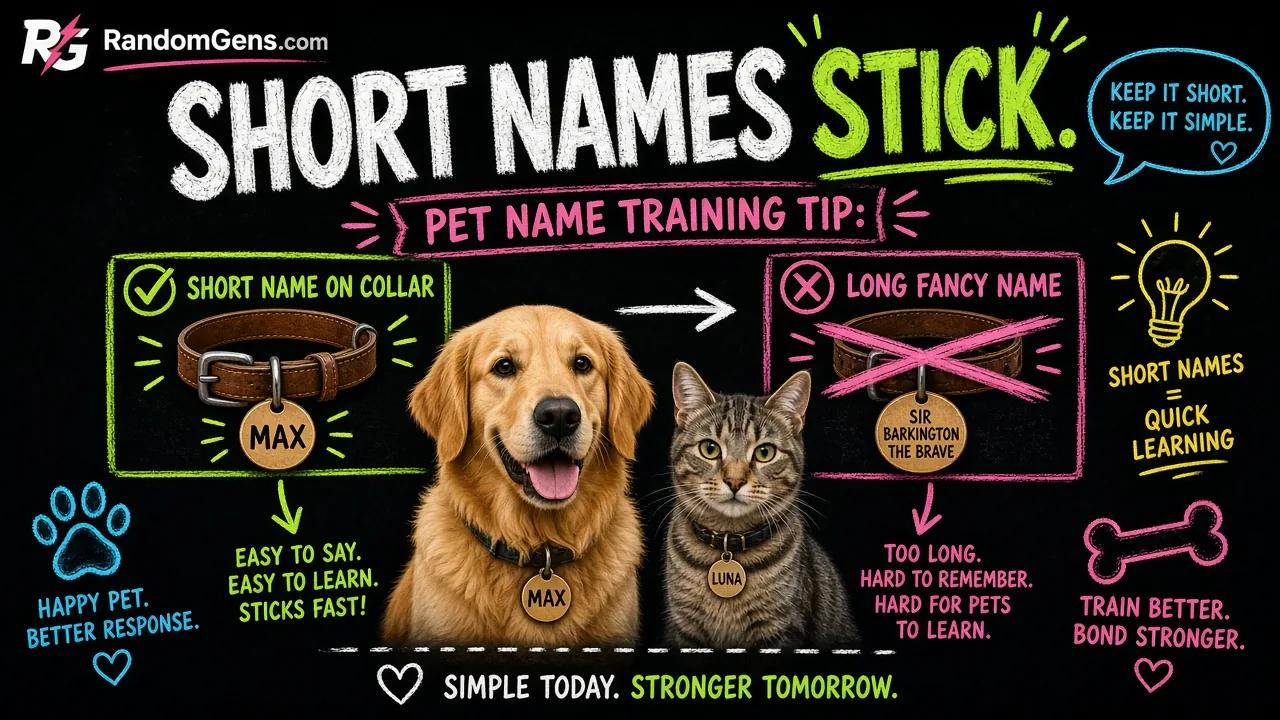 How to Choose a Pet Name: 7 Simple Rules That Stick 2 How to choose a pet name: short collar names vs a long fancy name crossed out
