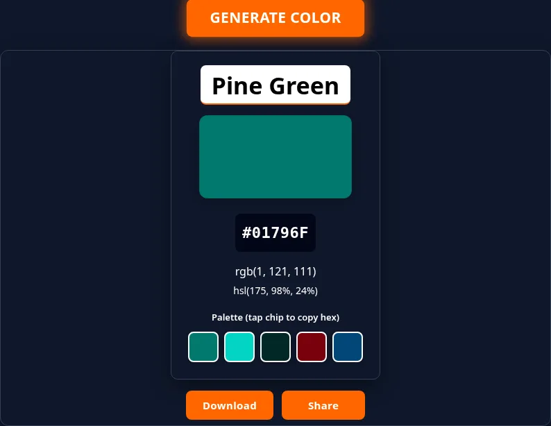 Named color card with palette Random color generator card showing Pine Green with hex, RGB, HSL and a five-chip palette