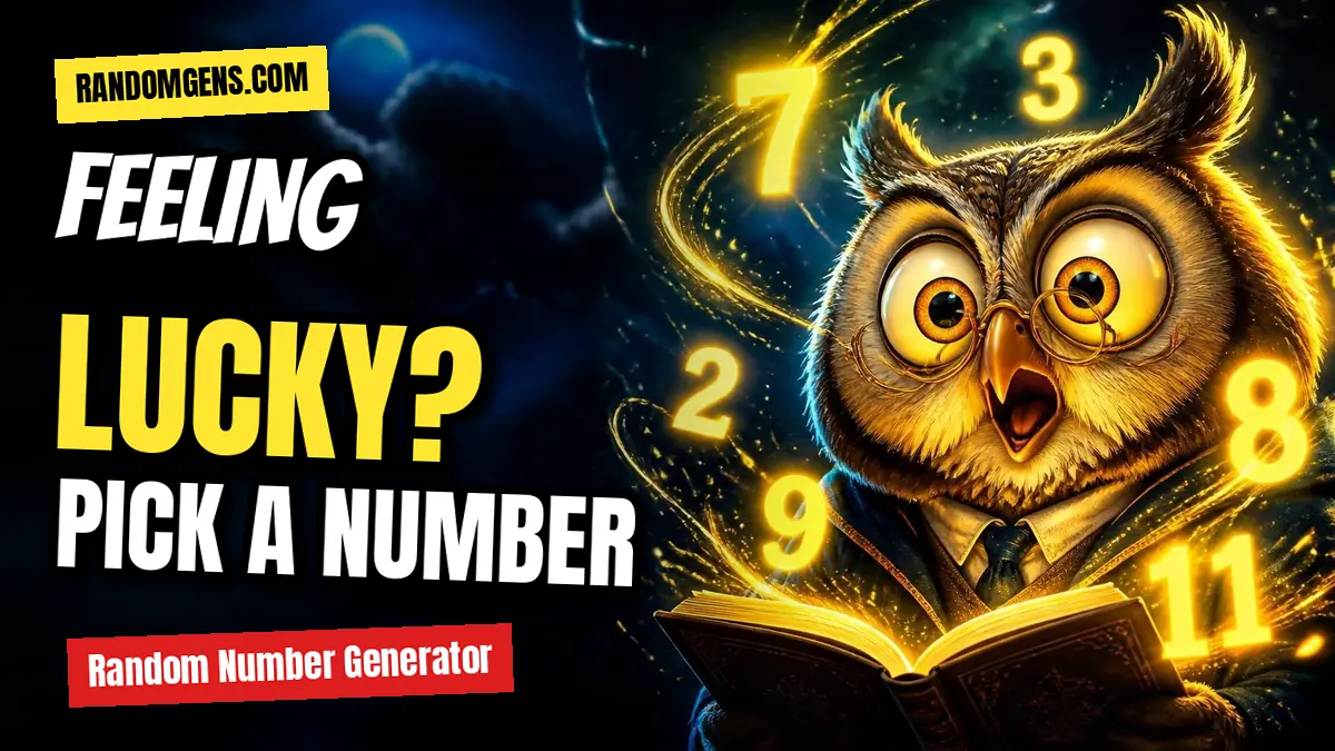 Random Number Generator 1 Shocked cartoon owl in glasses surrounded by glowing numbers, with the text Feeling Lucky? Pick A Number