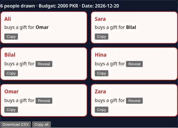 Secret santa generator: reveal one by one Secret santa generator cards with two matches revealed and four still hidden