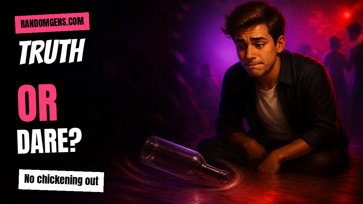 Truth or Dare Generator 1 Nervous teen gulping beside a spinning bottle under party lights, with the text Truth Or Dare
